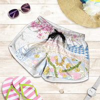Hawaiian and Japanese Culture Together Shorts for Women Tribal Motifs with Lei and Japanese Sakura Pattern LT03 White - Polynesian Pride