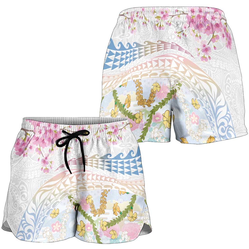 Hawaiian and Japanese Culture Together Shorts for Women Tribal Motifs with Lei and Japanese Sakura Pattern LT03 - Polynesian Pride