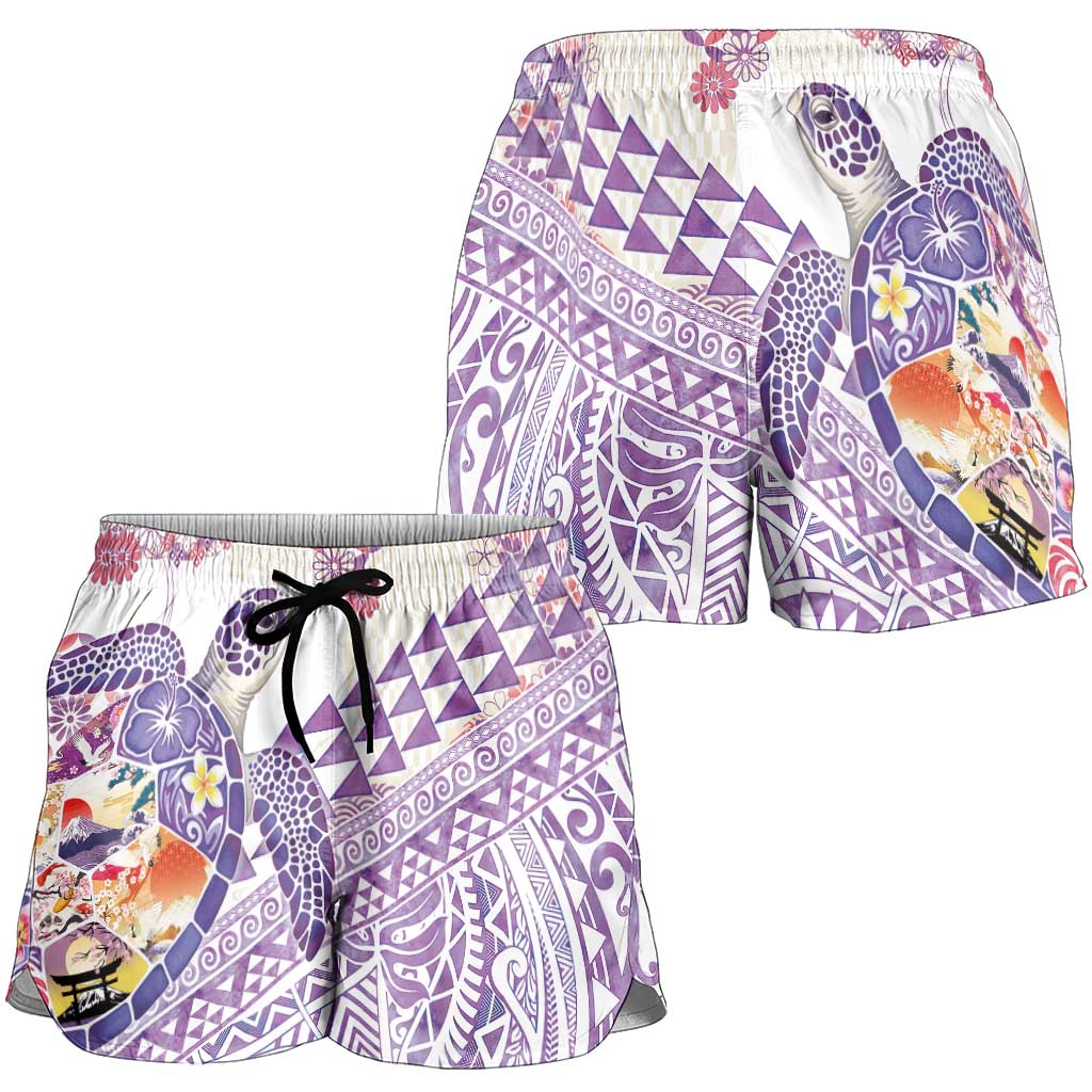 Hawaiian and Japanese Culture Together Shorts for Women Tropical Honu with Japanese Elements Purple Color LT03 - Polynesian Pride