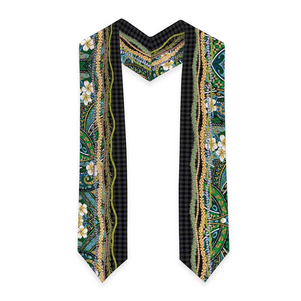 Hawaiian Art Flower Tribal with Lei Graduation Stole Palaka Pattern Black Color