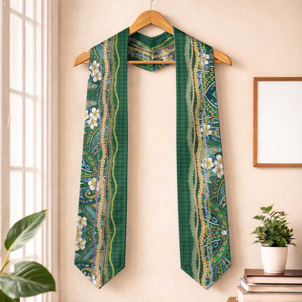 Hawaiian Art Flower Tribal with Lei Graduation Stole Palaka Pattern Green Color