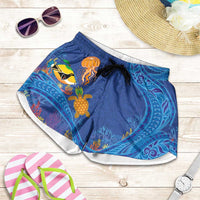Hawaiian Funny Fruits Sea Animals Shorts for Women Mango Reef Triggerfish and Pineapple Turtle and Mandarin Jellyfish LT03 Blue - Polynesian Pride