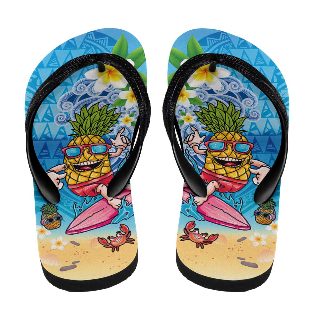 Hawaiian Funny Pineapple Surfing Flip Flops Beach with Tribal Kakau and Plumeria