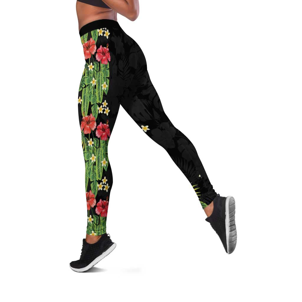Hawaiian Hibiscus Plumeria Leggings Tropical Leaves