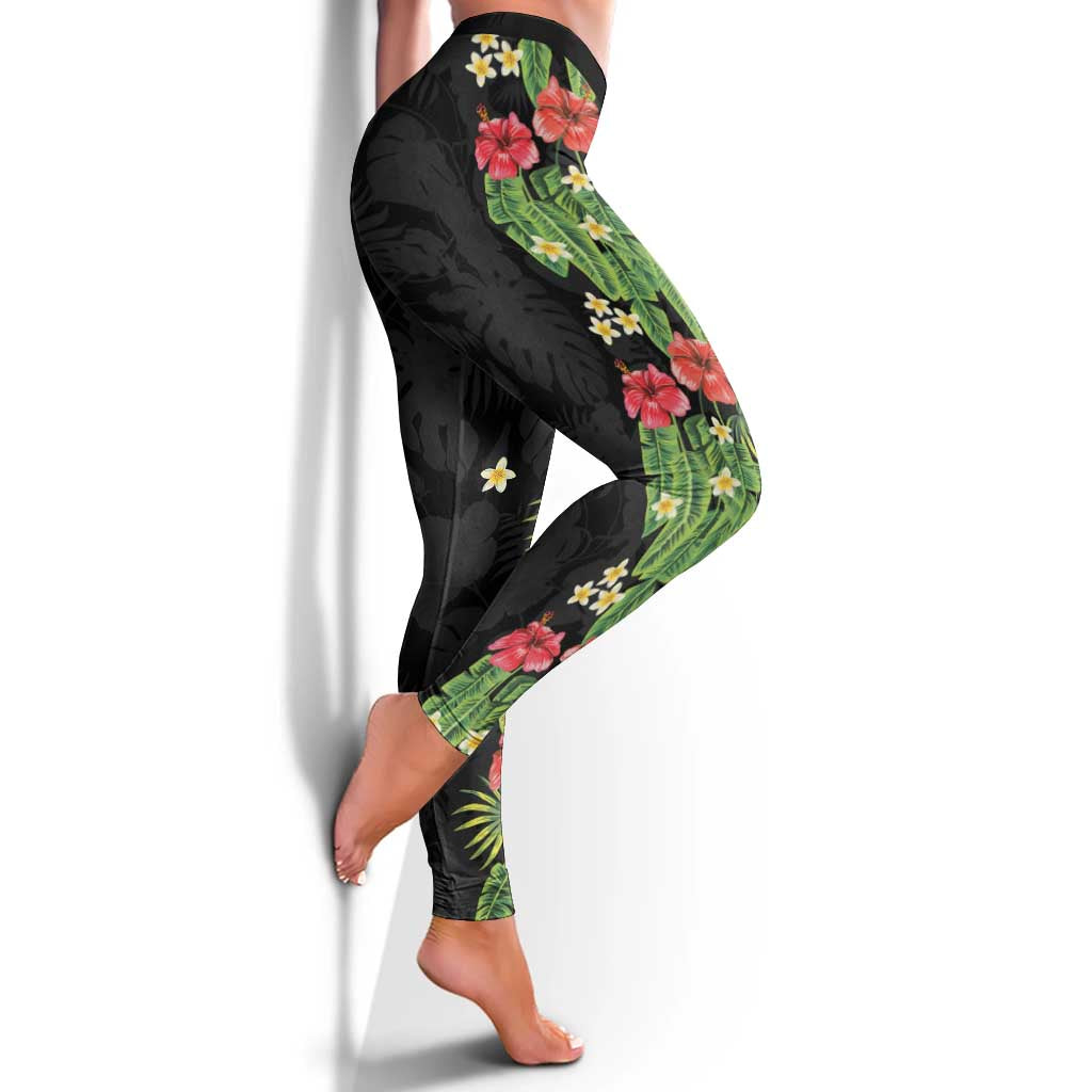 Hawaiian Hibiscus Plumeria Leggings Tropical Leaves