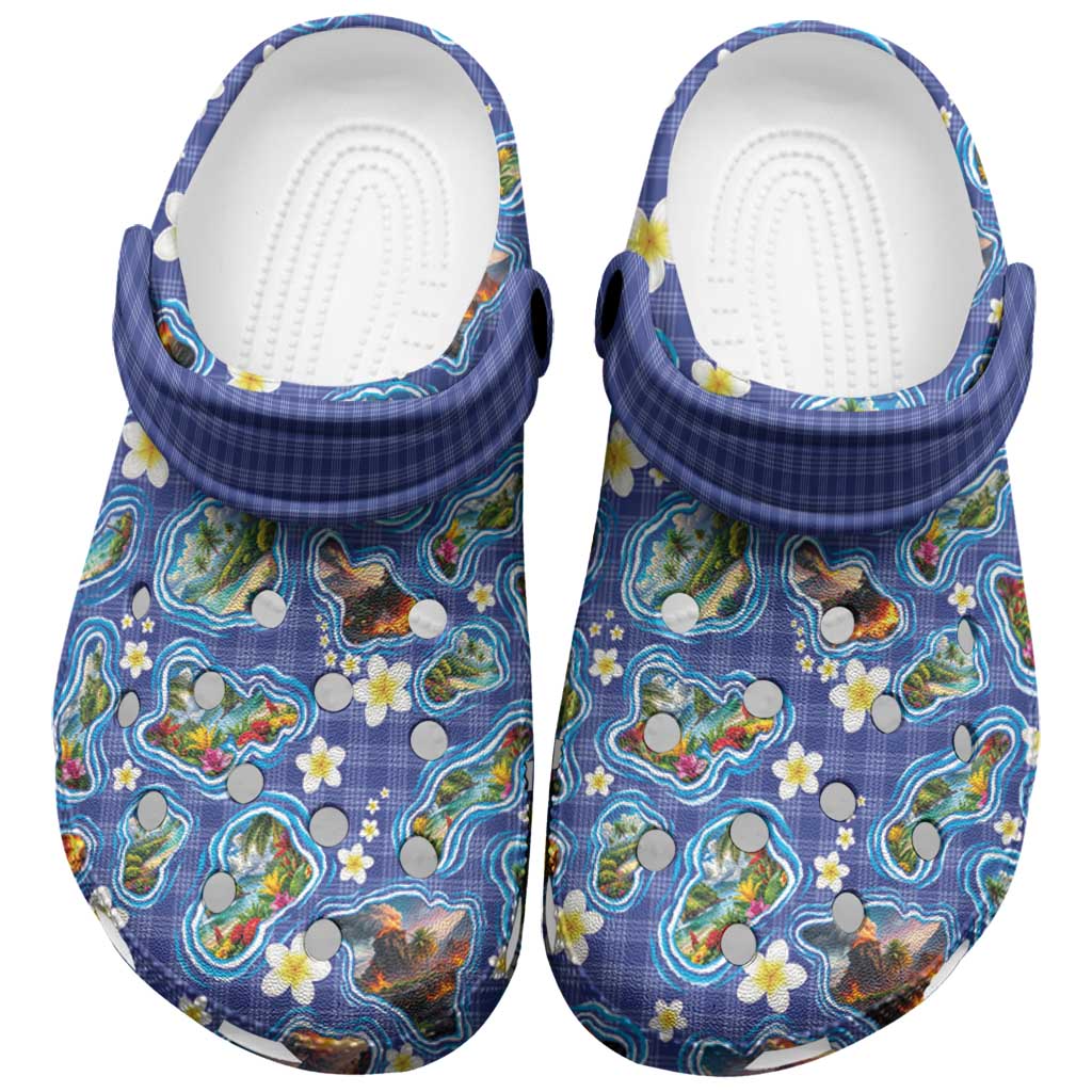 Hawaiian Island Shapes-Iconic Landscape Clogs Shoes with Plumeria and Palaka Blue Color