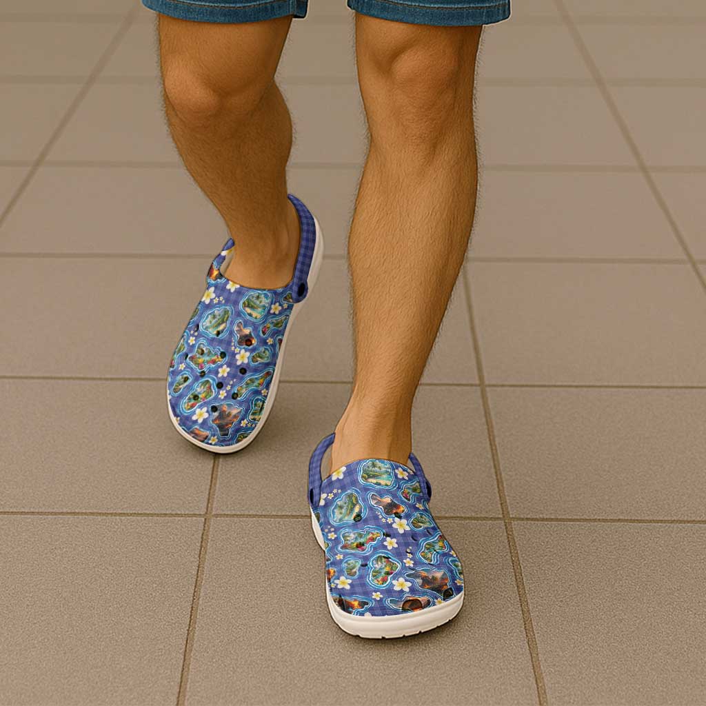 Hawaiian Island Shapes-Iconic Landscape Clogs Shoes with Plumeria and Palaka Blue Color