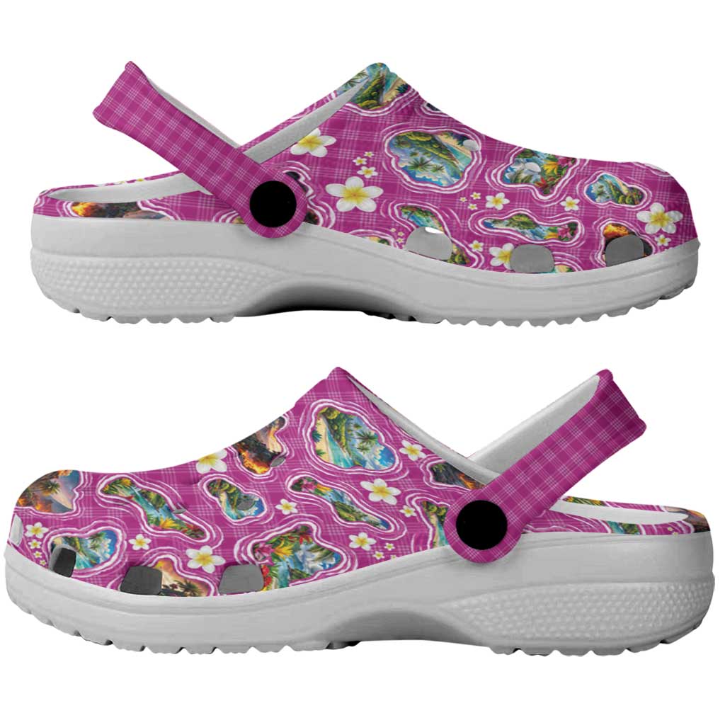 Hawaiian Island Shapes-Iconic Landscape Clogs Shoes with Plumeria and Palaka Pink Color