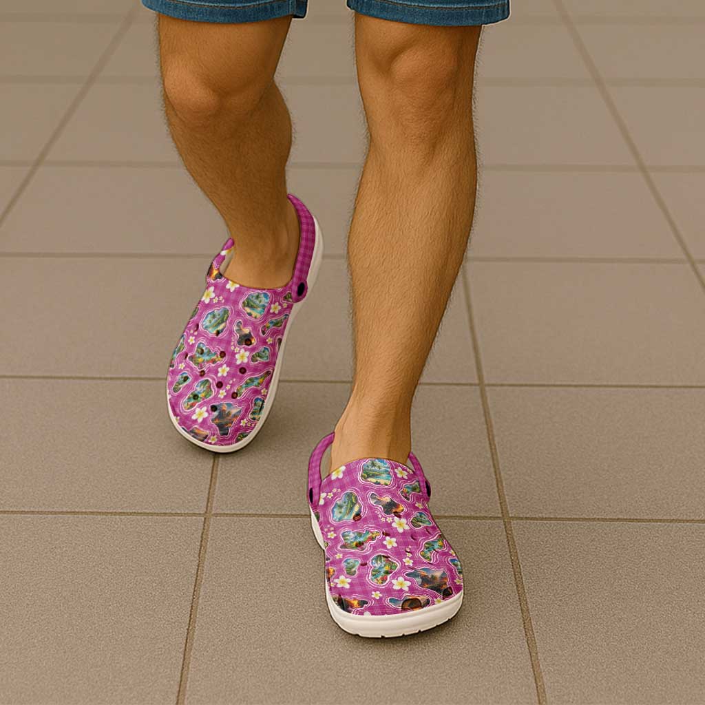 Hawaiian Island Shapes-Iconic Landscape Clogs Shoes with Plumeria and Palaka Pink Color