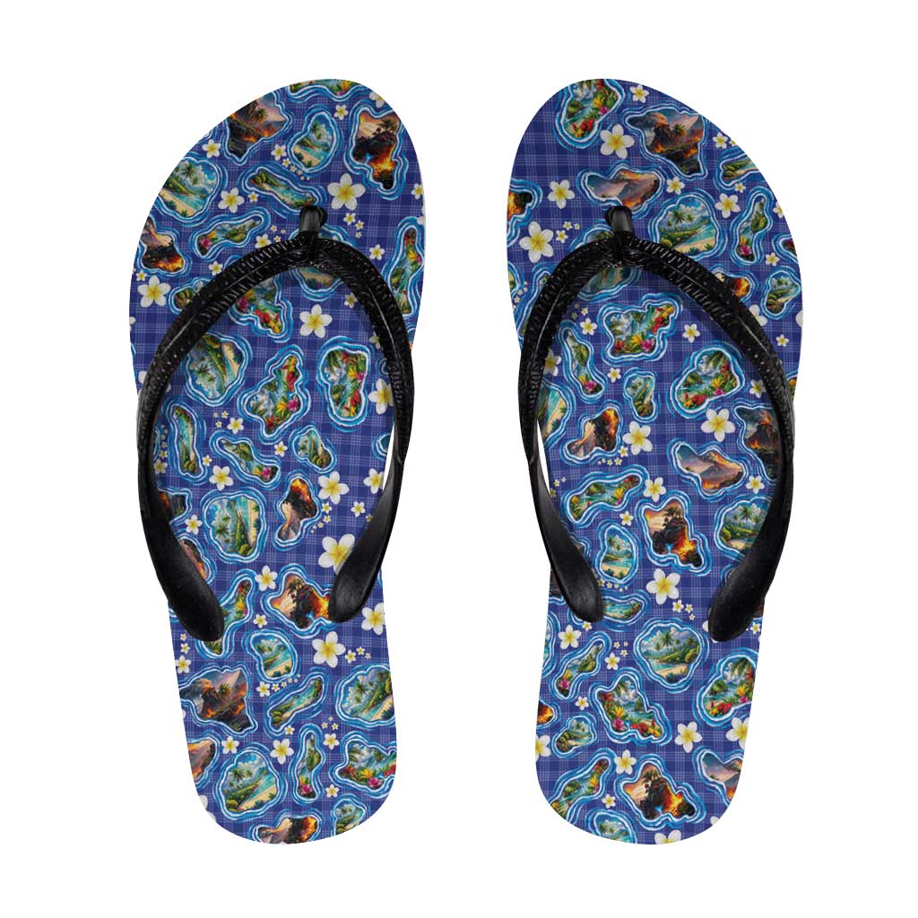 Hawaiian Island Shapes-Iconic Landscape Flip Flops with Plumeria and Palaka Blue Color