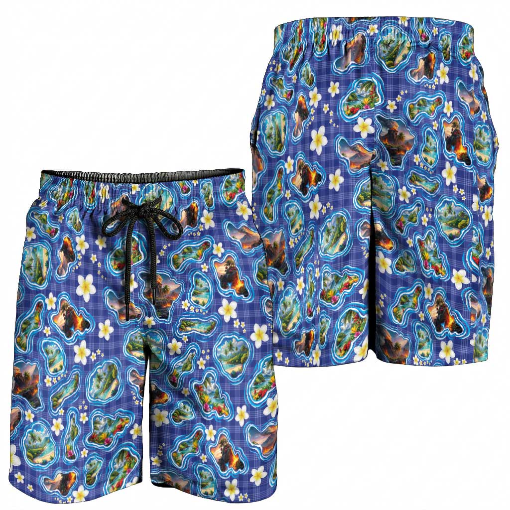 Hawaiian Island Shapes-Iconic Landscape Shorts for Men with Plumeria and Palaka Blue Color