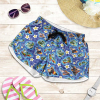 Hawaiian Island Shapes-Iconic Landscape Shorts for Women with Plumeria and Palaka Blue Color LT03 Blue - Polynesian Pride