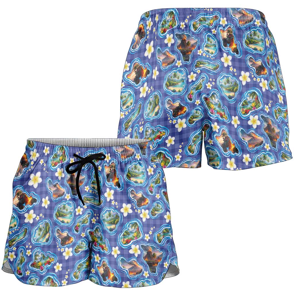 Hawaiian Island Shapes-Iconic Landscape Shorts for Women with Plumeria and Palaka Blue Color LT03 - Polynesian Pride