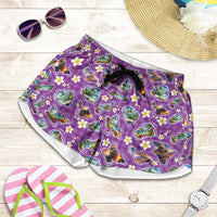 Hawaiian Island Shapes-Iconic Landscape Shorts for Women with Plumeria and Palaka Purple Color LT03 Purple - Polynesian Pride