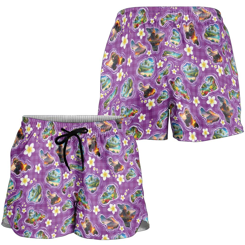 Hawaiian Island Shapes-Iconic Landscape Shorts for Women with Plumeria and Palaka Purple Color LT03 - Polynesian Pride