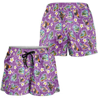 Hawaiian Island Shapes-Iconic Landscape Shorts for Women with Plumeria and Palaka Purple Color LT03 - Polynesian Pride