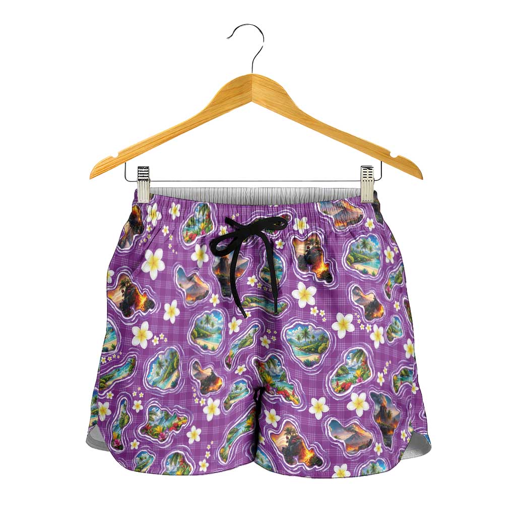 Hawaiian Island Shapes-Iconic Landscape Shorts for Women with Plumeria and Palaka Purple Color LT03 - Polynesian Pride
