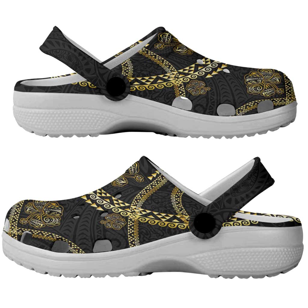 Hawaiian Kakau Art and Hisbiscus Tattoo Clogs Shoes Tribal Pattern-Gold Style - Polynesian Pride