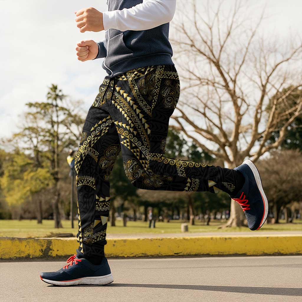 Hawaiian Kakau Art and Hisbiscus Tattoo Jogger Pants Tribal Pattern-Gold Style - Polynesian Pride