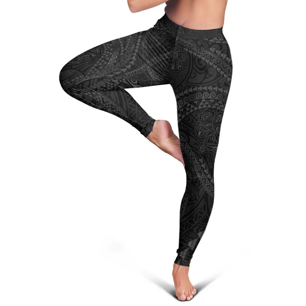 Hawaiian Kakau Art and Hisbiscus Tattoo Leggings Tribal Pattern-Black Gradient Style - Polynesian Pride