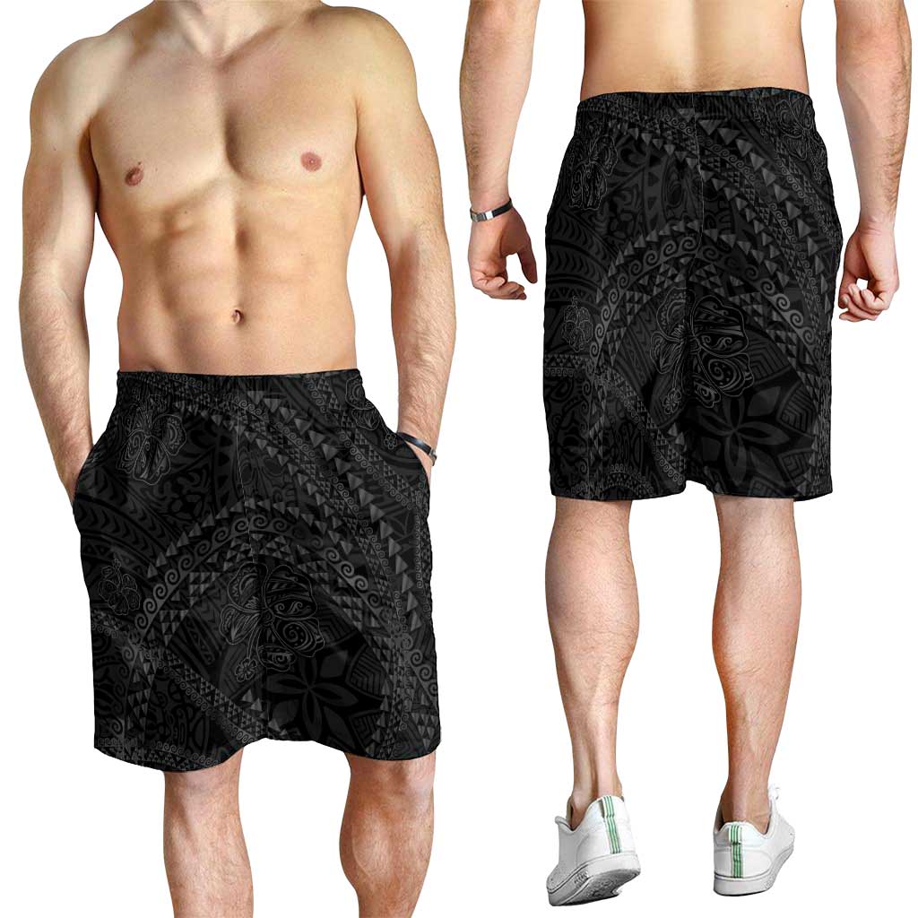 Hawaiian Kakau Art and Hisbiscus Tattoo Shorts for Men Tribal Pattern-Black Gradient Style - Polynesian Pride