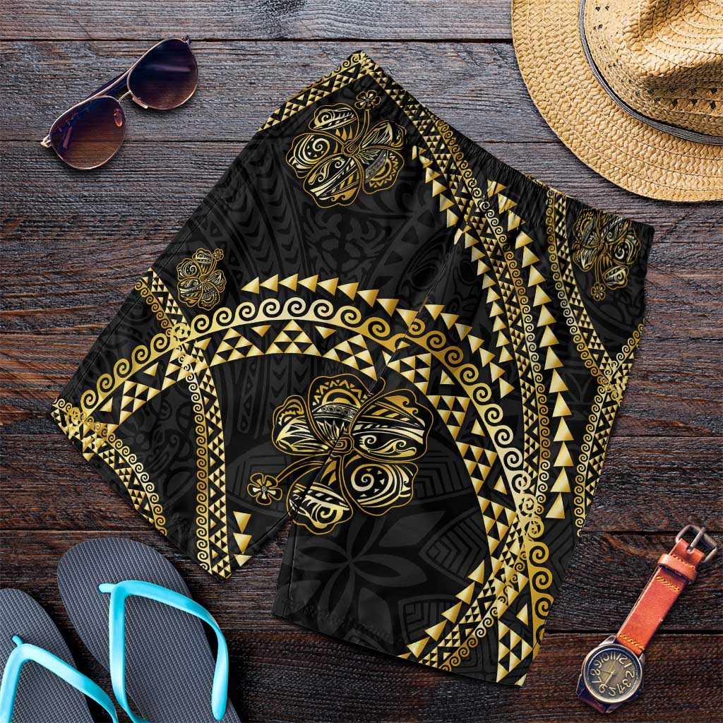 Hawaiian Kakau Art and Hisbiscus Tattoo Shorts for Men Tribal Pattern-Gold Style - Polynesian Pride