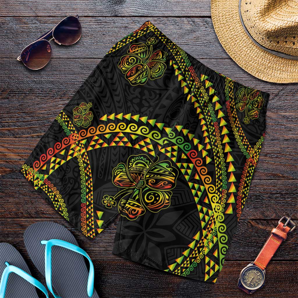 Hawaiian Kakau Art and Hisbiscus Tattoo Shorts for Men Tribal Pattern-Reggae Style LT03 Black - Polynesian Pride