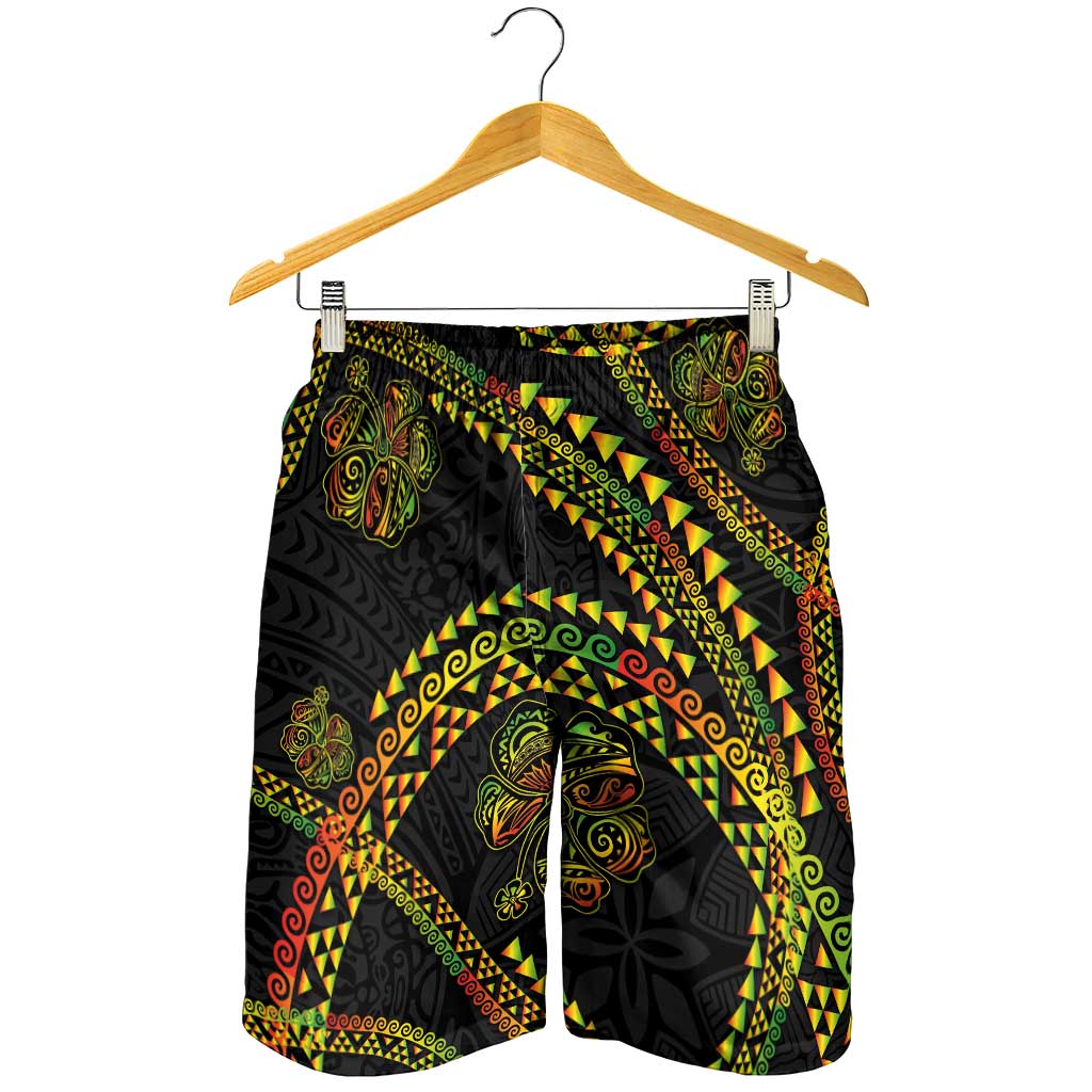 Hawaiian Kakau Art and Hisbiscus Tattoo Shorts for Men Tribal Pattern-Reggae Style LT03 - Polynesian Pride