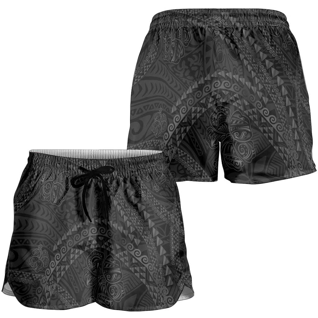 Hawaiian Kakau Art and Hisbiscus Tattoo Shorts for Women Tribal Pattern-Black Gradient Style - Polynesian Pride