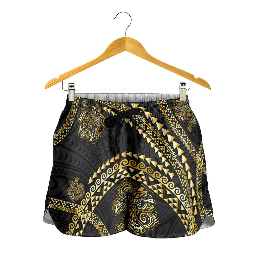 Hawaiian Kakau Art and Hisbiscus Tattoo Shorts for Women Tribal Pattern-Gold Style - Polynesian Pride