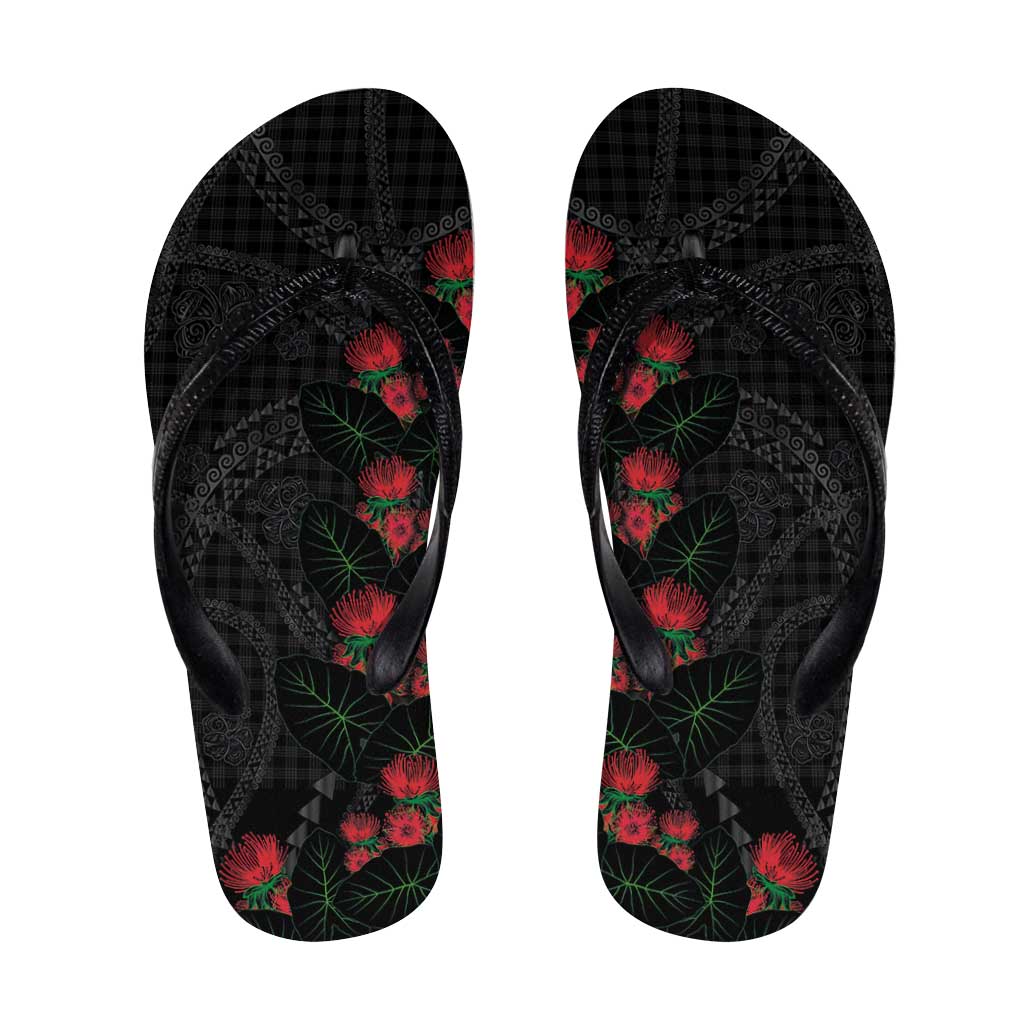 Hawaiian Kakau Art Flip Flops Taro Leaves with Ohia Lehua and Pakala Pattern LT03 Black - Polynesian Pride