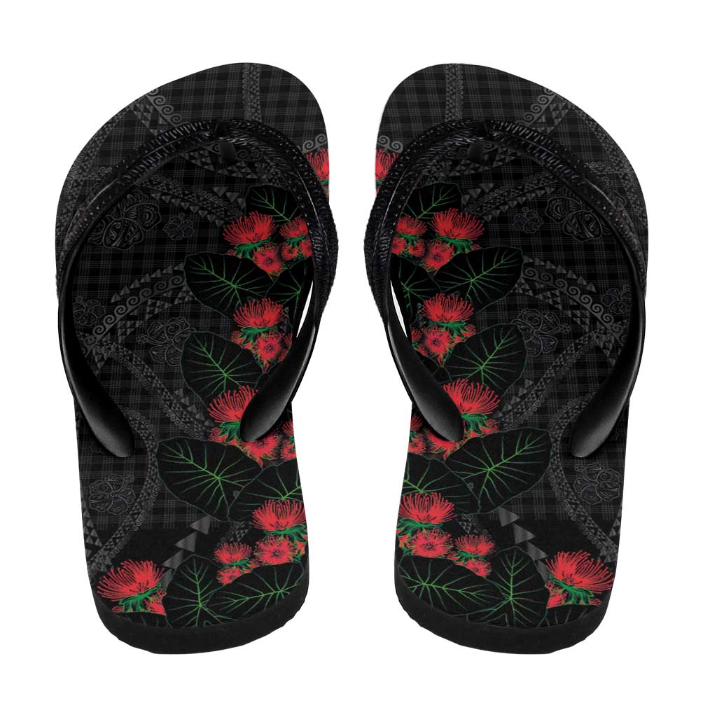 Hawaiian Kakau Art Flip Flops Taro Leaves with Ohia Lehua and Pakala Pattern LT03 - Polynesian Pride