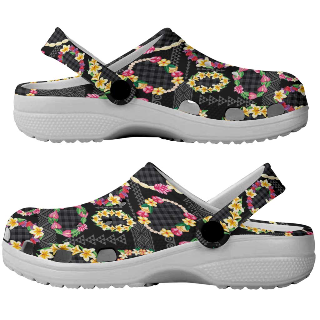 Hawaiian Kakau Tattoo Leis and Palaka Pattern Clogs Shoes Traditional Aloha Tribal Black Color
