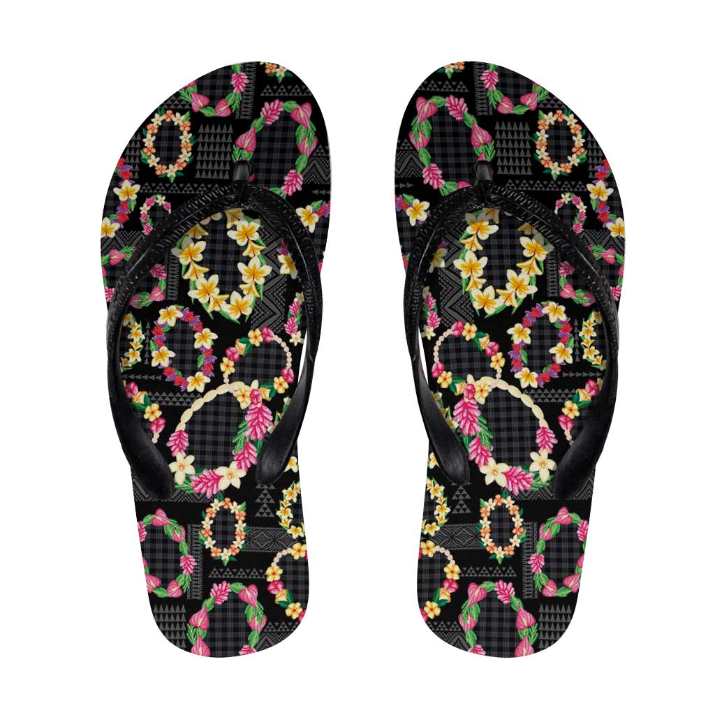 Hawaiian Kakau Tattoo Leis and Palaka Pattern Flip Flops Traditional Aloha Tribal Black Color