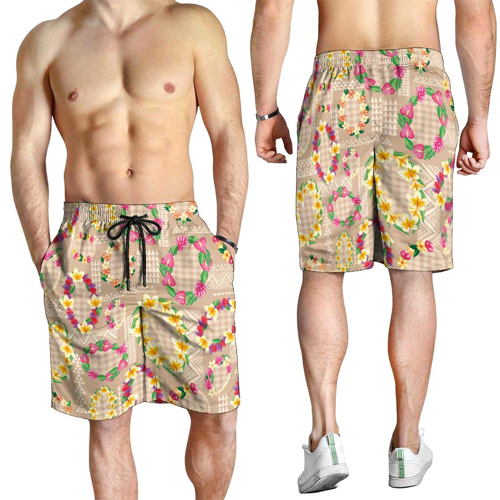 Hawaiian Kakau Tattoo Leis and Palaka Pattern Shorts for Men Traditional Aloha Tribal Beige Color