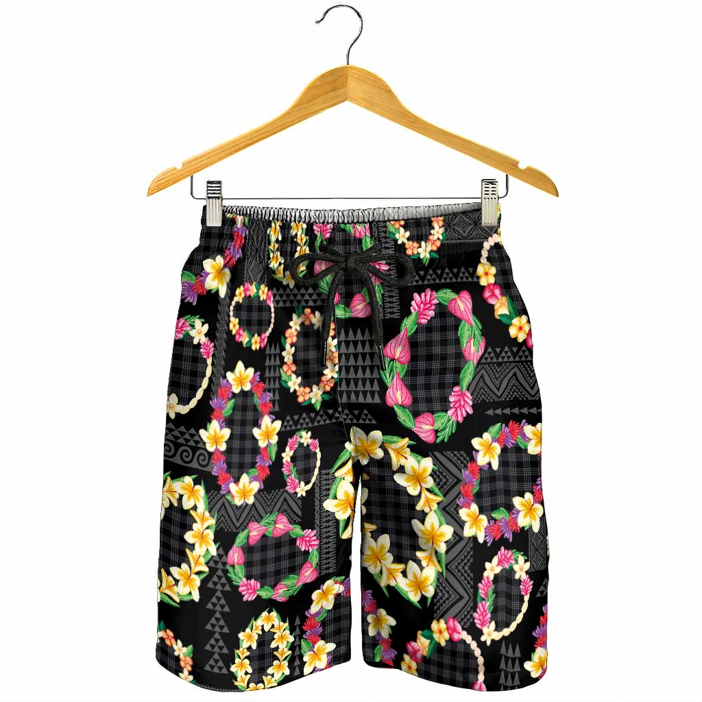 Hawaiian Kakau Tattoo Leis and Palaka Pattern Shorts for Men Traditional Aloha Tribal Black Color
