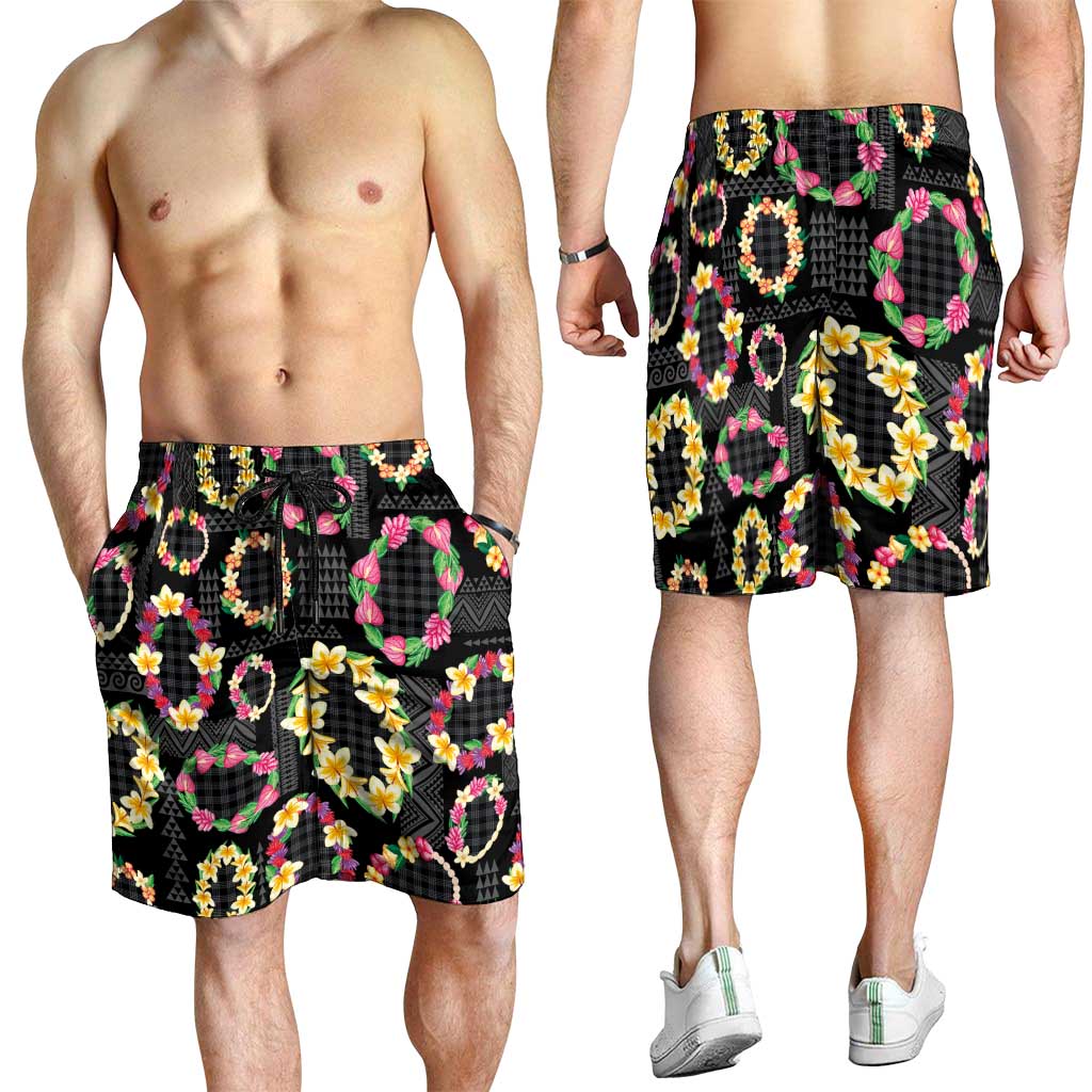 Hawaiian Kakau Tattoo Leis and Palaka Pattern Shorts for Men Traditional Aloha Tribal Black Color