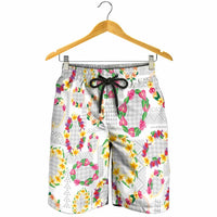 Hawaiian Kakau Tattoo Leis and Palaka Pattern Shorts for Men Traditional Aloha Tribal White Color