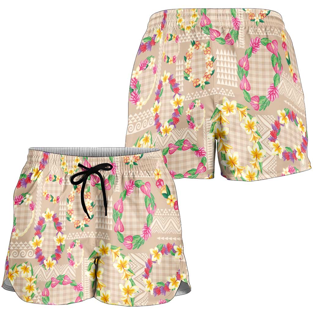 Hawaiian Kakau Tattoo Leis and Palaka Pattern Shorts for Women Traditional Aloha Tribal Beige Color