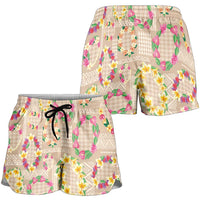 Hawaiian Kakau Tattoo Leis and Palaka Pattern Shorts for Women Traditional Aloha Tribal Beige Color