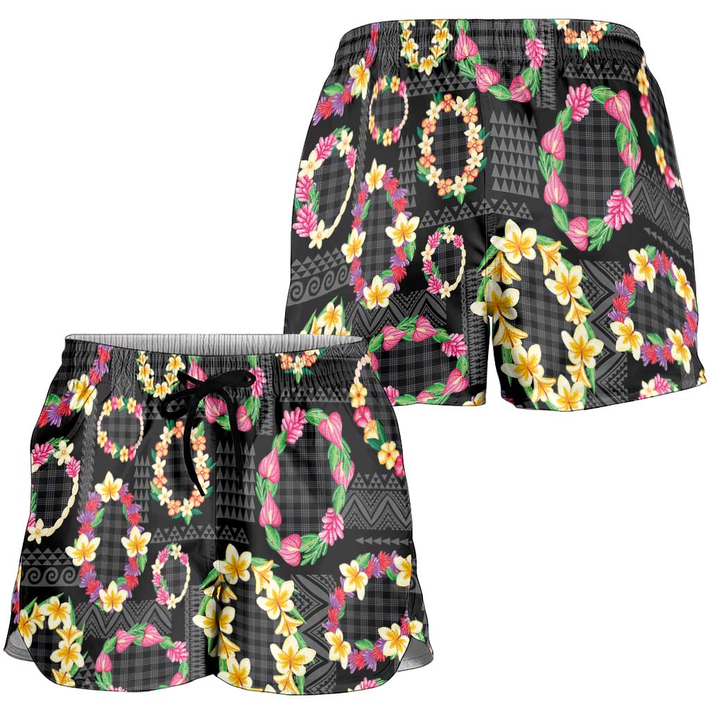 Hawaiian Kakau Tattoo Leis and Palaka Pattern Shorts for Women Traditional Aloha Tribal Black Color