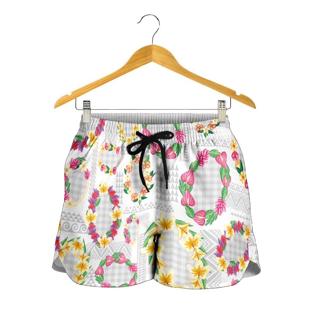Hawaiian Kakau Tattoo Leis and Palaka Pattern Shorts for Women Traditional Aloha Tribal White Color