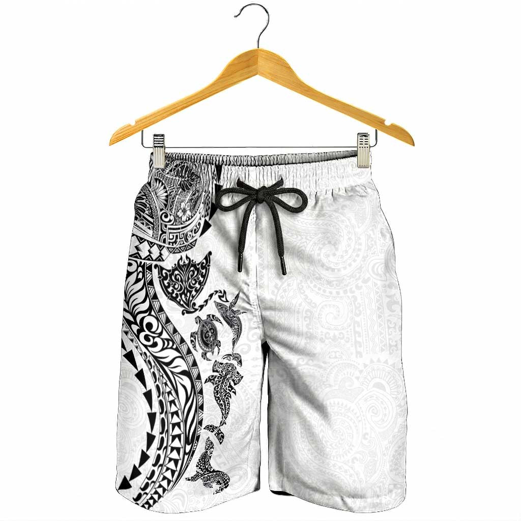 Hawaiian Kakau Tribal Sea Animals Tattoos Shorts for Men White Color