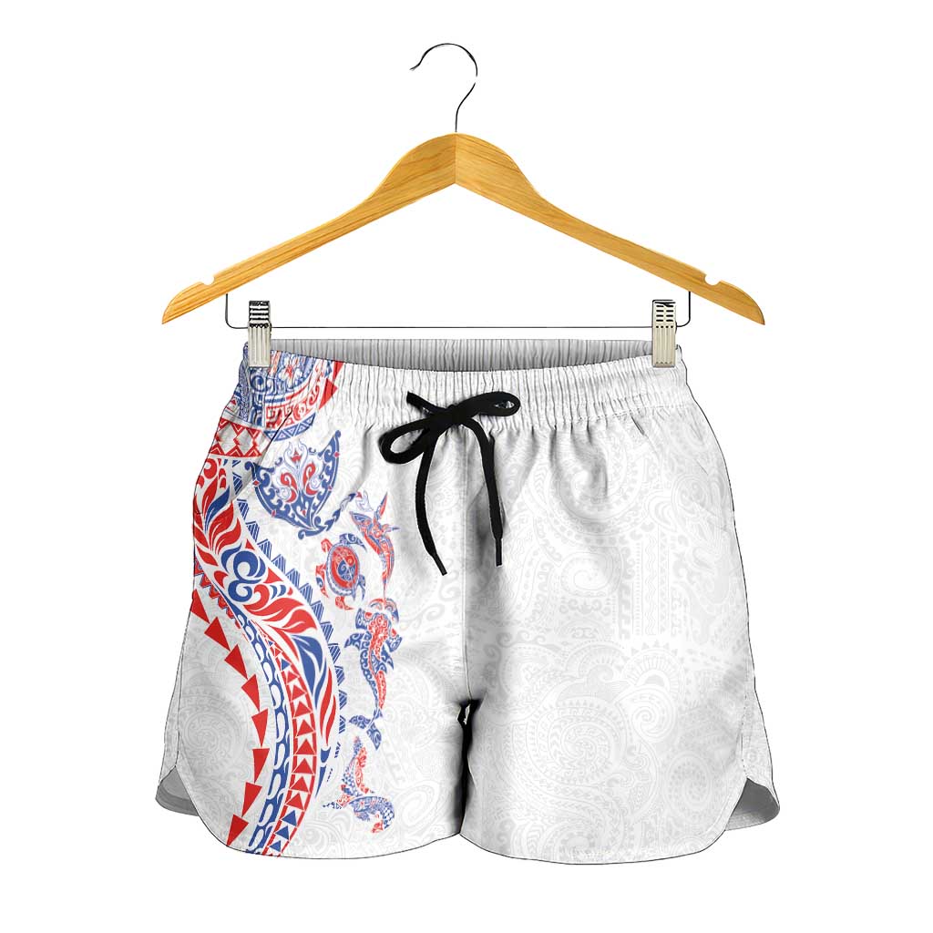Hawaiian Kakau Tribal Sea Animals Tattoos Shorts for Women Hawaii Flag Color Inspired LT03 - Polynesian Pride