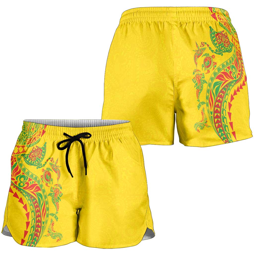 Hawaiian Kakau Tribal Sea Animals Tattoos Shorts for Women Kanaka Maoli Flag Color Inspired LT03 - Polynesian Pride