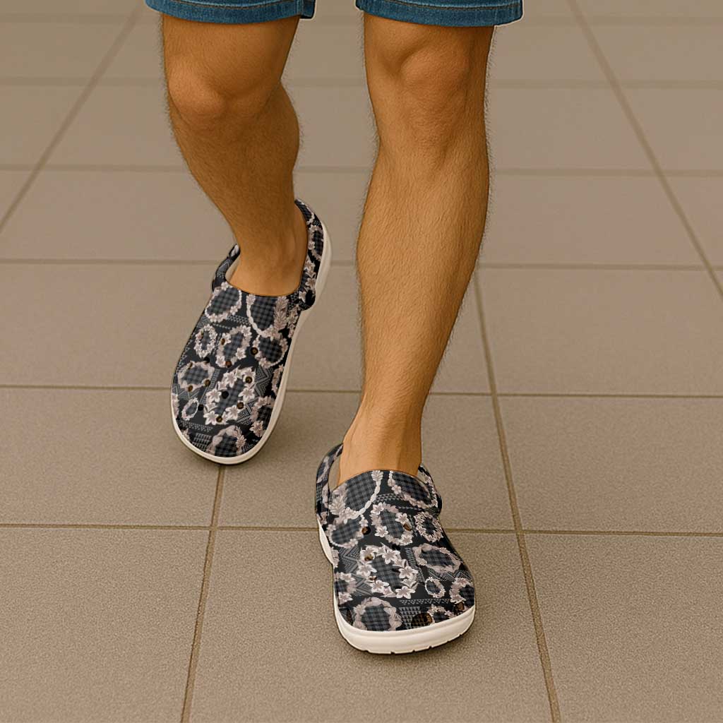 Hawaiian Leis Clogs Shoes Kakau Tattoos and Palaka Pastel Grayscale