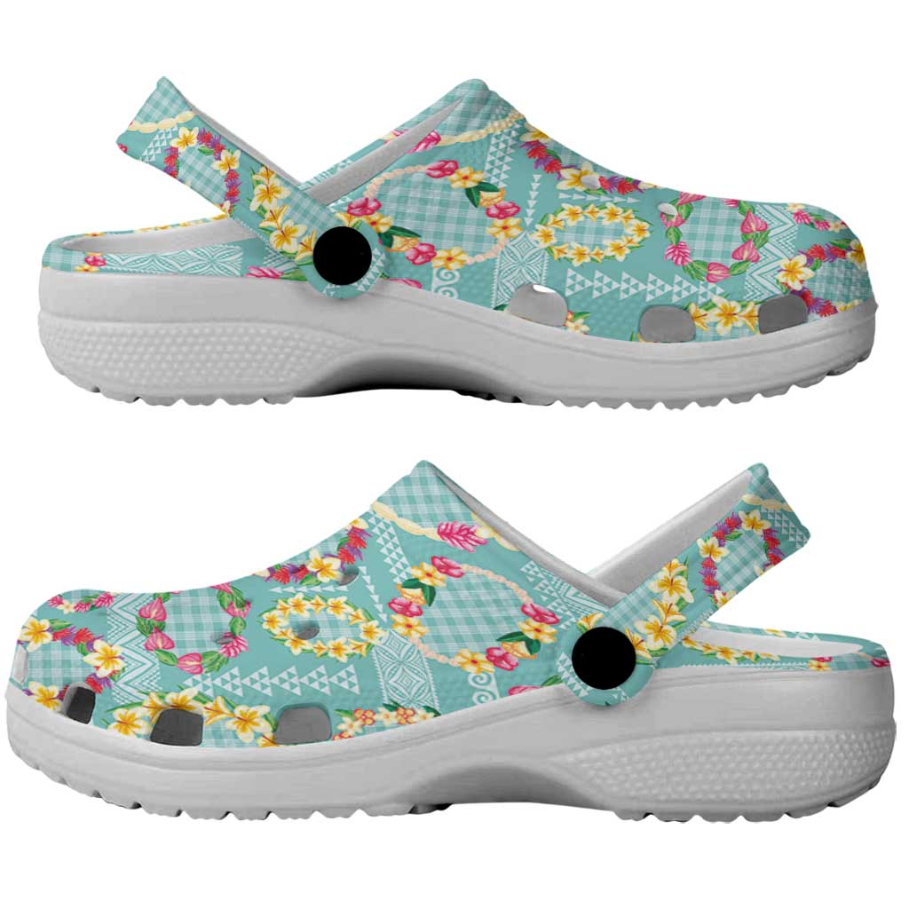 Hawaiian Leis Clogs Shoes Kakau Tattoos and Palaka Pastel Teal Color