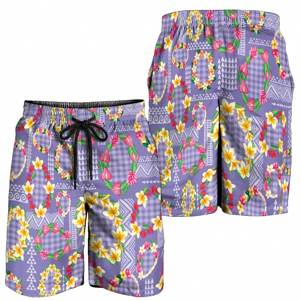 Hawaiian Leis Shorts for Men Kakau Tattoos and Palaka Pastel Purple Color