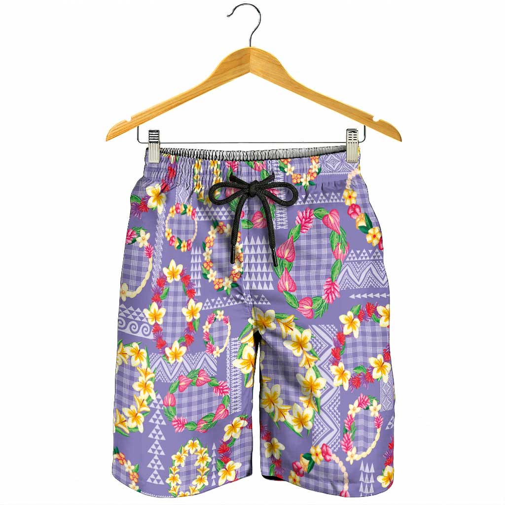 Hawaiian Leis Shorts for Men Kakau Tattoos and Palaka Pastel Purple Color