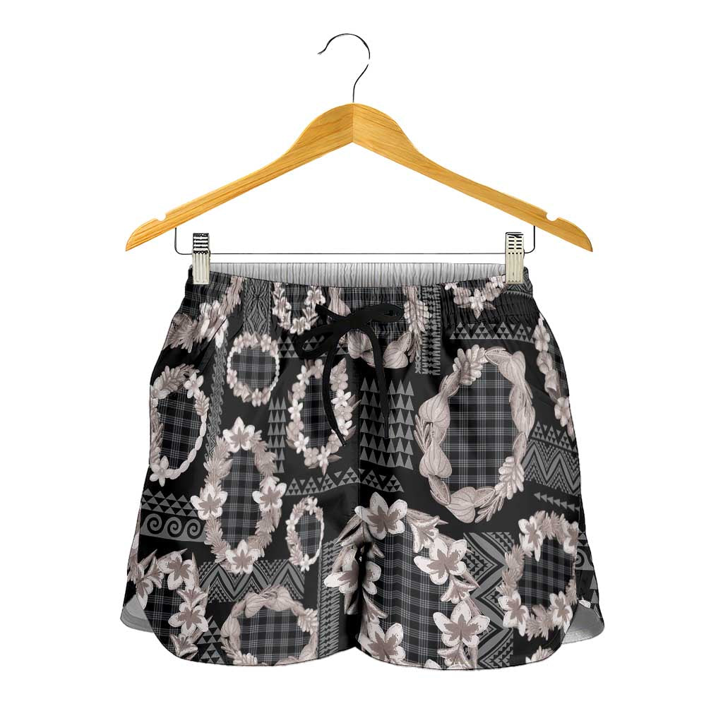Hawaiian Leis Shorts for Women Kakau Tattoos and Palaka Pastel Grayscale
